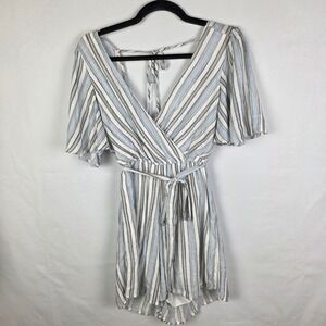 Blue Rain Striped Flutter Sleeve Romper Blue White XS Nautical Beachy Summer
